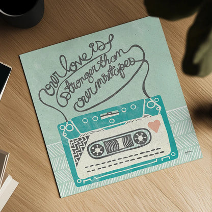 Retro Cassette Gray by Mary Urban. Shown as a detailed flat fine art print, highlighting archival giclee quality. Available as an archival giclee rolled canvas, fine art paper, or poster print. SKU 20848a.