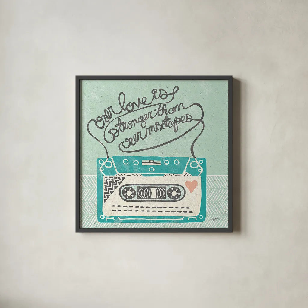 Retro Cassette Gray by Mary Urban. Shown in a sleek black glass frame for a contemporary gallery look. Available as an archival giclee rolled canvas, fine art paper, or poster print. SKU 20848a.