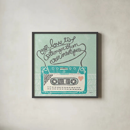 Retro Cassette Gray by Mary Urban. Shown in a sleek black glass frame for a contemporary gallery look. Available as an archival giclee rolled canvas, fine art paper, or poster print. SKU 20848a.