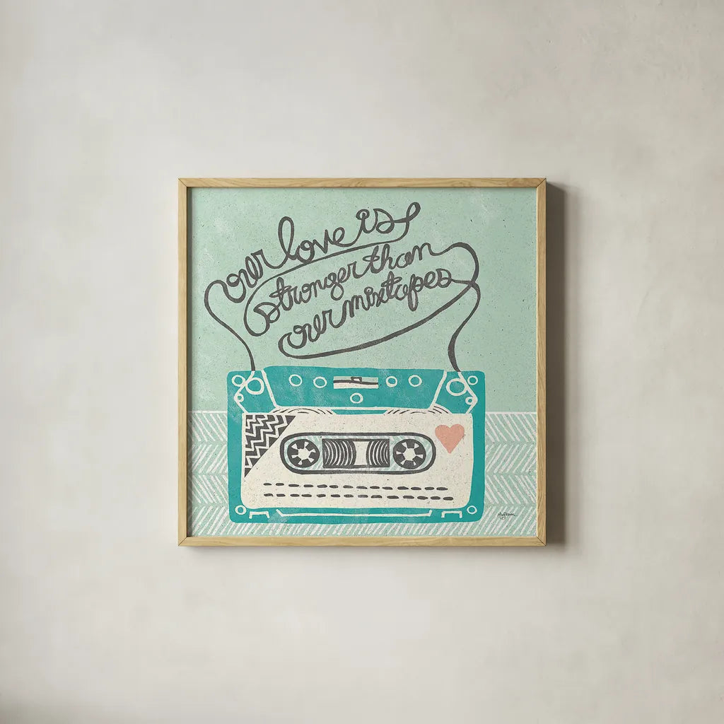 Retro Cassette Gray by Mary Urban. Shown in a natural wood glass frame for a timeless modern aesthetic. Available as an archival giclee rolled canvas, fine art paper, or poster print. SKU 20848a.