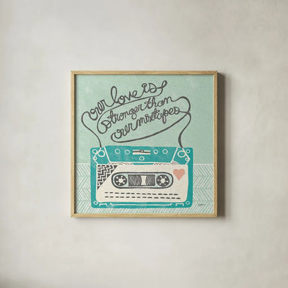 Retro Cassette Gray by Mary Urban. Shown in a natural wood glass frame for a timeless modern aesthetic. Available as an archival giclee rolled canvas, fine art paper, or poster print. SKU 20848a.