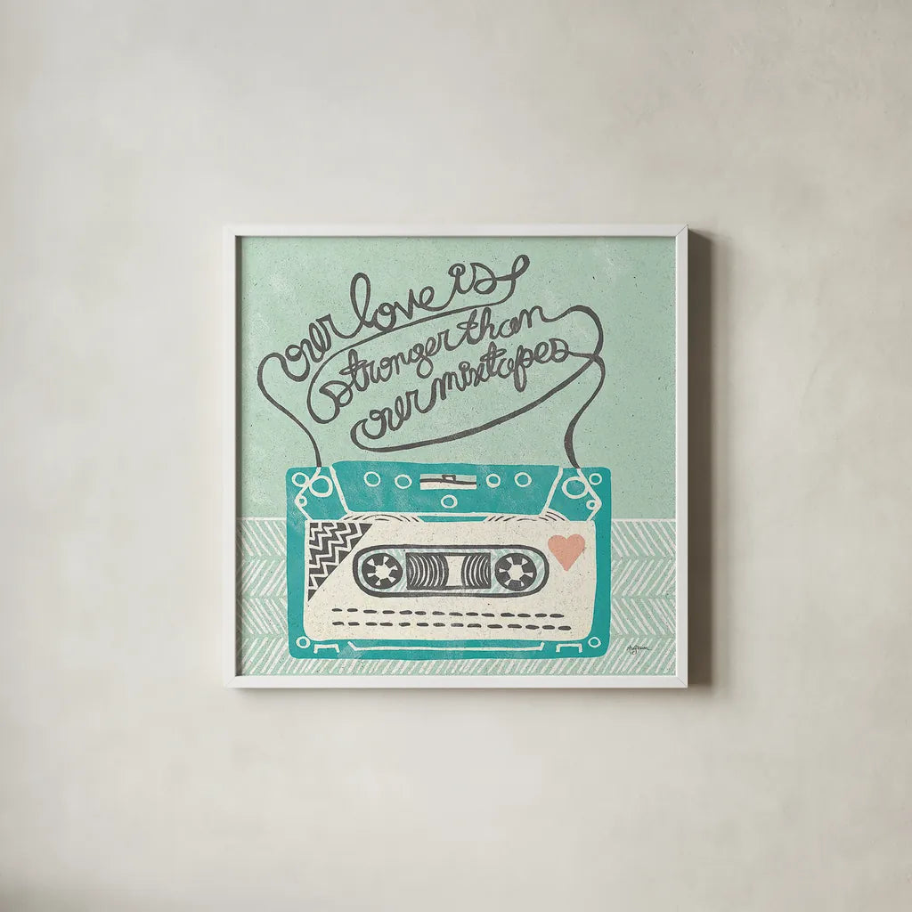 Retro Cassette Gray by Mary Urban. Shown in a crisp white glass frame for a clean and minimalist style. Available as an archival giclee rolled canvas, fine art paper, or poster print. SKU 20848a.