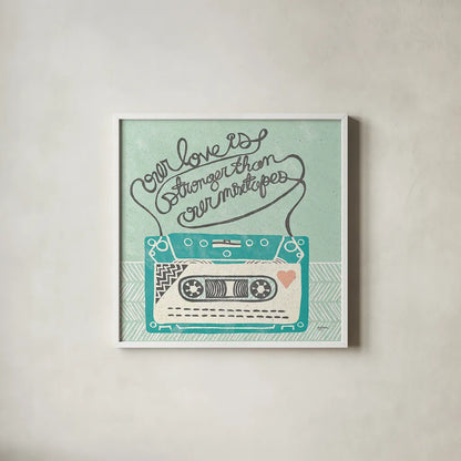 Retro Cassette Gray by Mary Urban. Shown in a crisp white glass frame for a clean and minimalist style. Available as an archival giclee rolled canvas, fine art paper, or poster print. SKU 20848a.