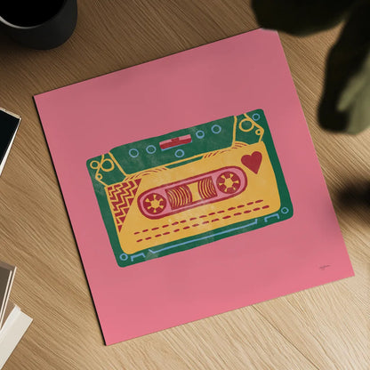 Retro Cassette No Words Dark by Mary Urban. Shown as a detailed flat fine art print, highlighting archival giclee quality. Available as an archival giclee rolled canvas, fine art paper, or poster print. SKU 60981a.