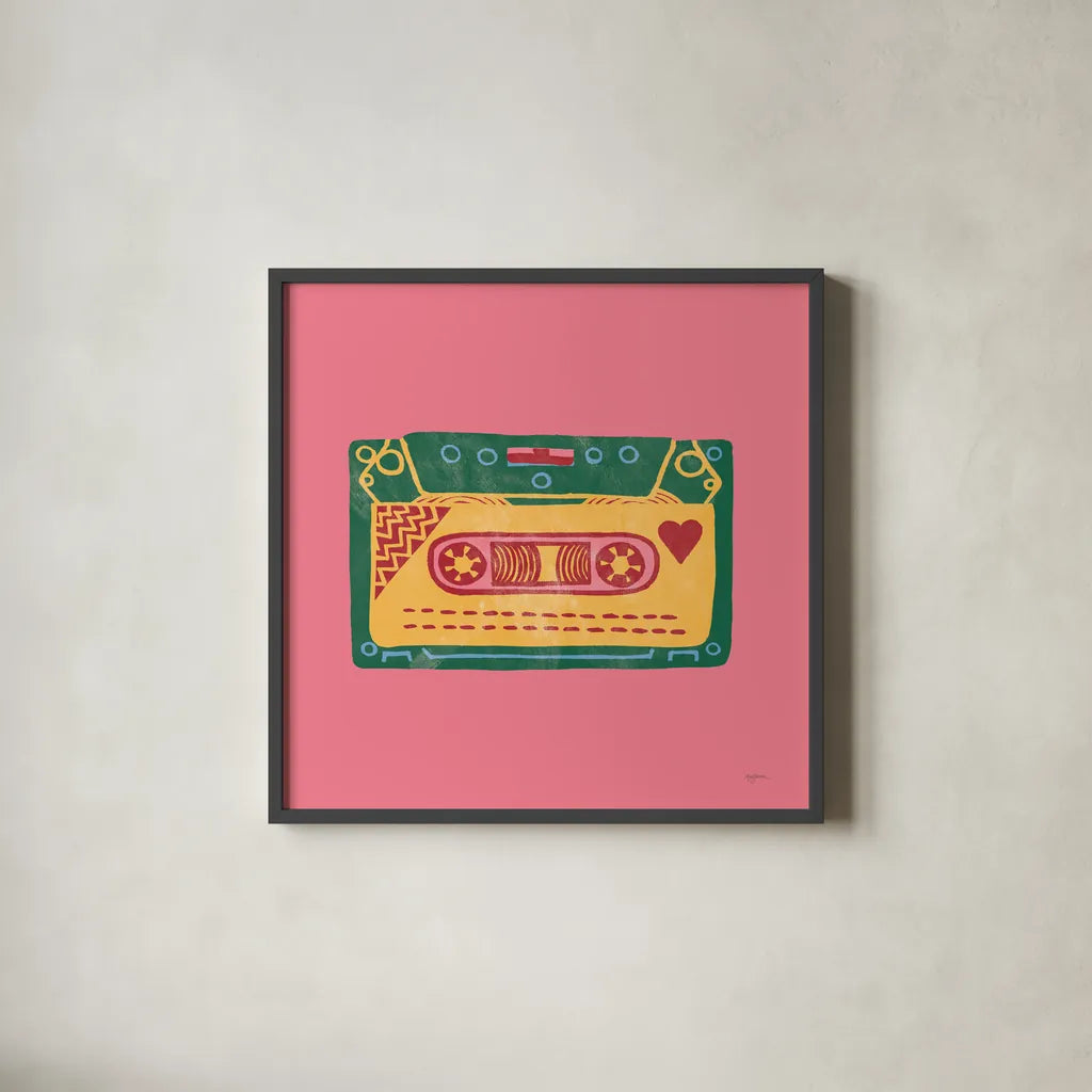 Retro Cassette No Words Dark by Mary Urban. Shown in a sleek black glass frame for a contemporary gallery look. Available as an archival giclee rolled canvas, fine art paper, or poster print. SKU 60981a.