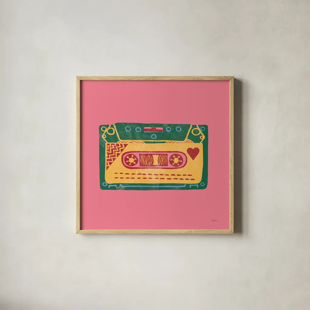 Retro Cassette No Words Dark by Mary Urban. Shown in a natural wood glass frame for a timeless modern aesthetic. Available as an archival giclee rolled canvas, fine art paper, or poster print. SKU 60981a.