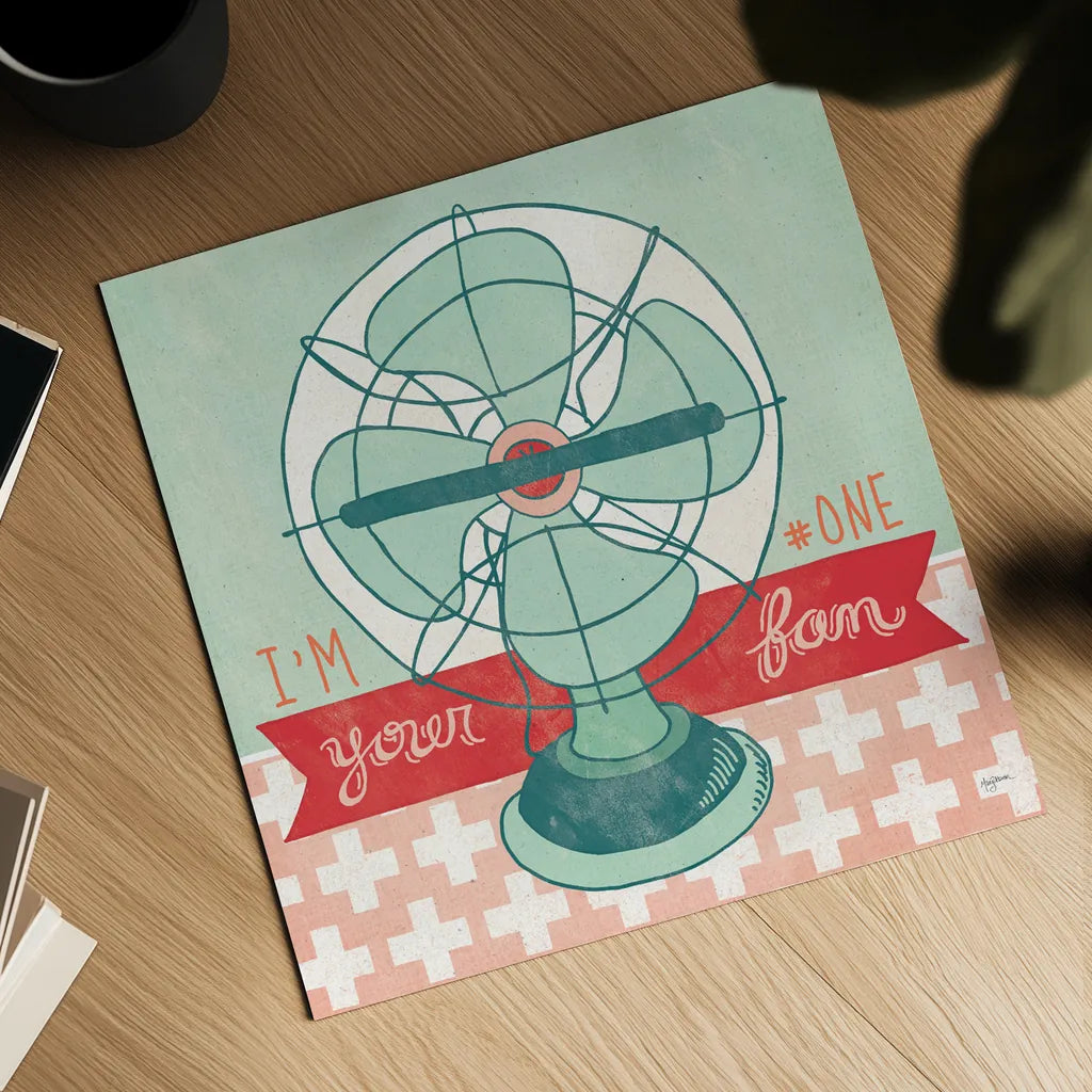 Retro Fan by Mary Urban. Shown as a detailed flat fine art print, highlighting archival giclee quality. Available as an archival giclee rolled canvas, fine art paper, or poster print. SKU 20907a.