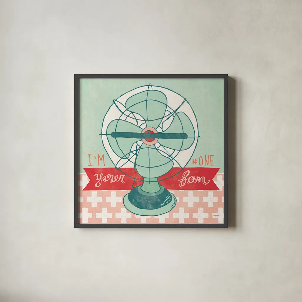 Retro Fan by Mary Urban. Shown in a sleek black glass frame for a contemporary gallery look. Available as an archival giclee rolled canvas, fine art paper, or poster print. SKU 20907a.