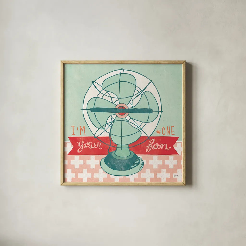 Retro Fan by Mary Urban. Shown in a natural wood glass frame for a timeless modern aesthetic. Available as an archival giclee rolled canvas, fine art paper, or poster print. SKU 20907a.
