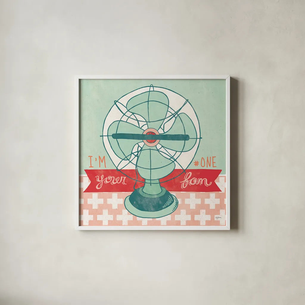 Retro Fan by Mary Urban. Shown in a crisp white glass frame for a clean and minimalist style. Available as an archival giclee rolled canvas, fine art paper, or poster print. SKU 20907a.