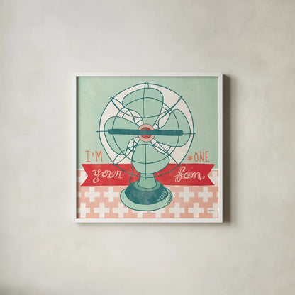 Retro Fan by Mary Urban. Shown in a crisp white glass frame for a clean and minimalist style. Available as an archival giclee rolled canvas, fine art paper, or poster print. SKU 20907a.