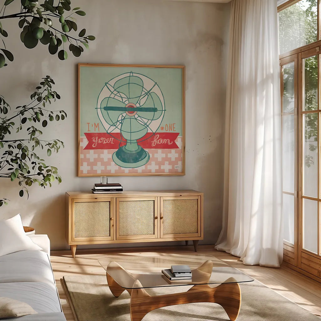 Retro Fan by Mary Urban. Shown in a natural wood frame in a cozy modern living room. Available as an archival giclee rolled canvas, fine art paper, or poster print. SKU 20907a.