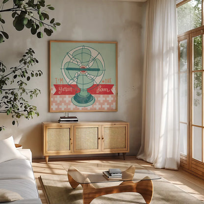 Retro Fan by Mary Urban. Shown in a natural wood frame in a cozy modern living room. Available as an archival giclee rolled canvas, fine art paper, or poster print. SKU 20907a.