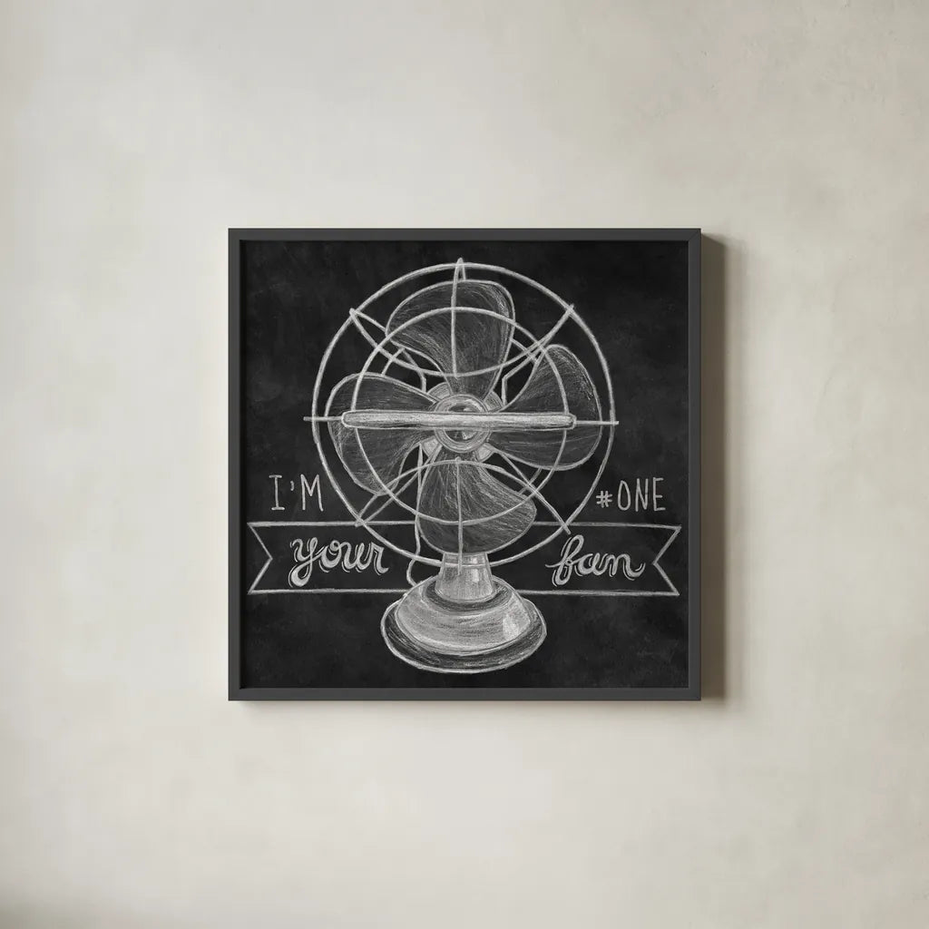 Retro Fan Chalk by Mary Urban. Shown in a sleek black glass frame for a contemporary gallery look. Available as an archival giclee rolled canvas, fine art paper, or poster print. SKU 30507a.