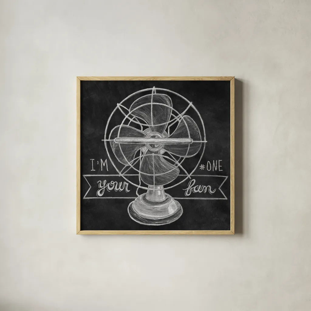 Retro Fan Chalk by Mary Urban. Shown in a natural wood glass frame for a timeless modern aesthetic. Available as an archival giclee rolled canvas, fine art paper, or poster print. SKU 30507a.