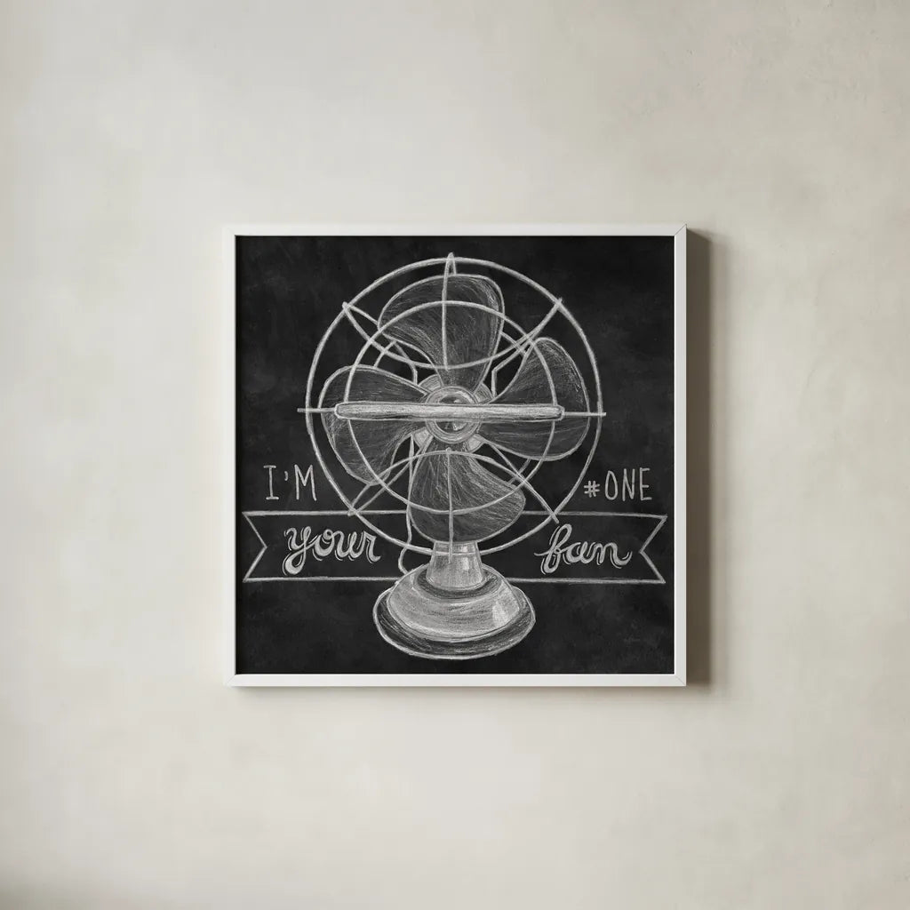 Retro Fan Chalk by Mary Urban. Shown in a crisp white glass frame for a clean and minimalist style. Available as an archival giclee rolled canvas, fine art paper, or poster print. SKU 30507a.