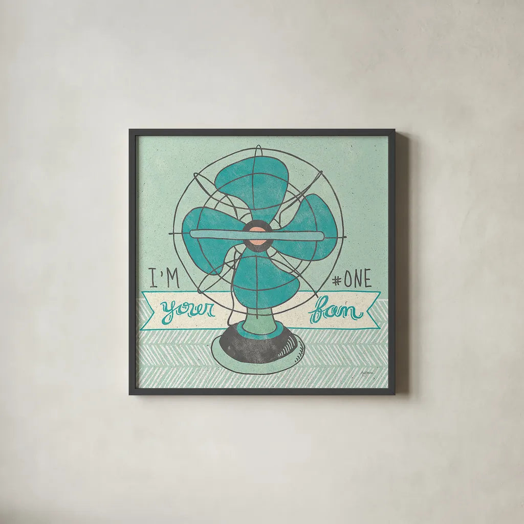 Retro Fan Gray by Mary Urban. Shown in a sleek black glass frame for a contemporary gallery look. Available as an archival giclee rolled canvas, fine art paper, or poster print. SKU 20849a.