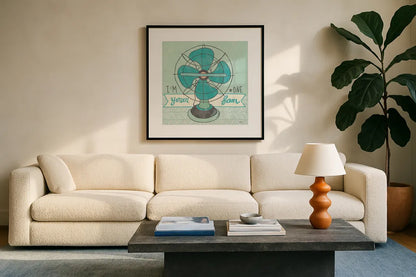 Retro Fan Gray by Mary Urban. Displayed in a glass frame with matte in a clean modern living room. Available as an archival giclee rolled canvas, fine art paper, or poster print. SKU 20849a.