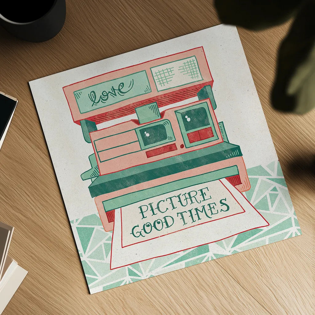 Retro Polaroid by Mary Urban. Shown as a detailed flat fine art print, highlighting archival giclee quality. Available as an archival giclee rolled canvas, fine art paper, or poster print. SKU 20908a.