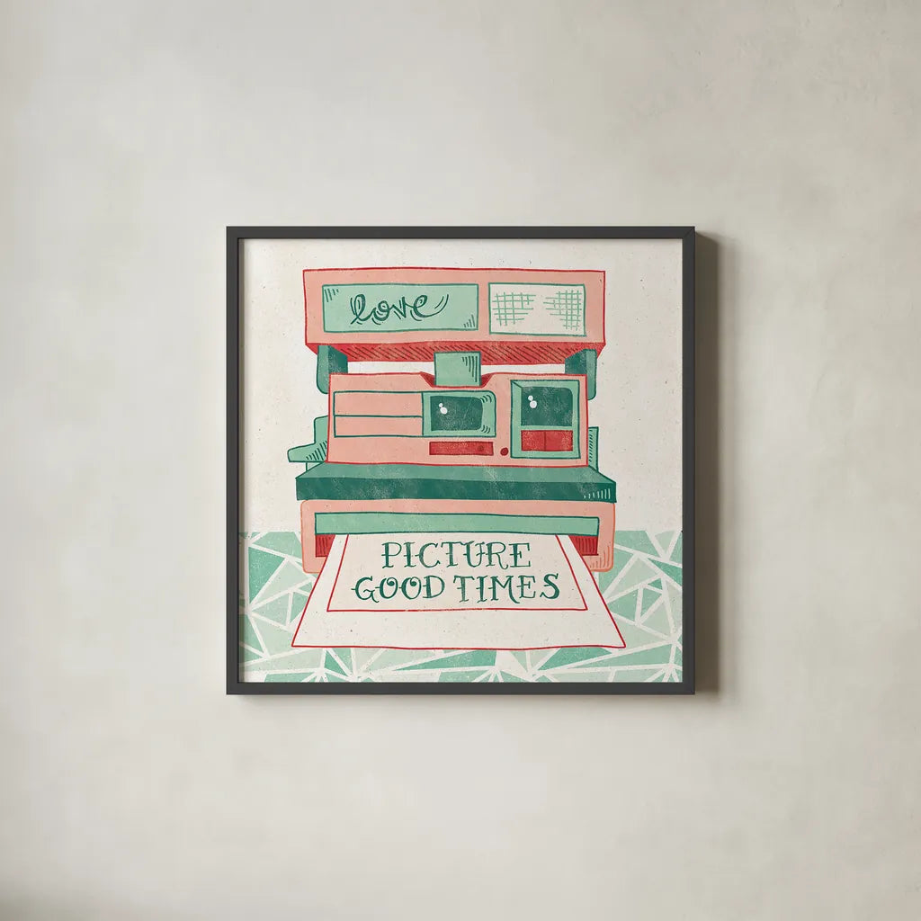 Retro Polaroid by Mary Urban. Shown in a sleek black glass frame for a contemporary gallery look. Available as an archival giclee rolled canvas, fine art paper, or poster print. SKU 20908a.