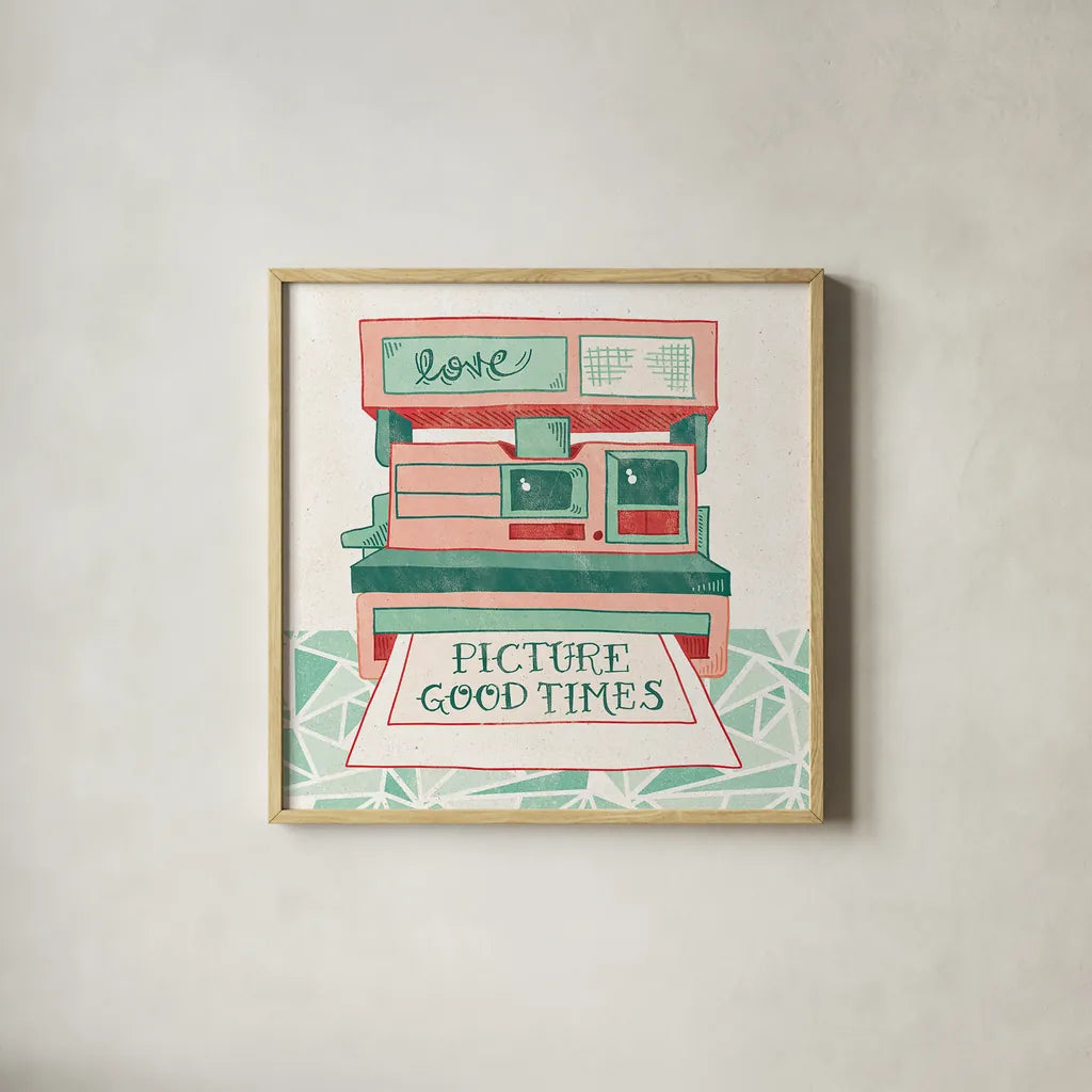 Retro Polaroid by Mary Urban. Shown in a natural wood glass frame for a timeless modern aesthetic. Available as an archival giclee rolled canvas, fine art paper, or poster print. SKU 20908a.