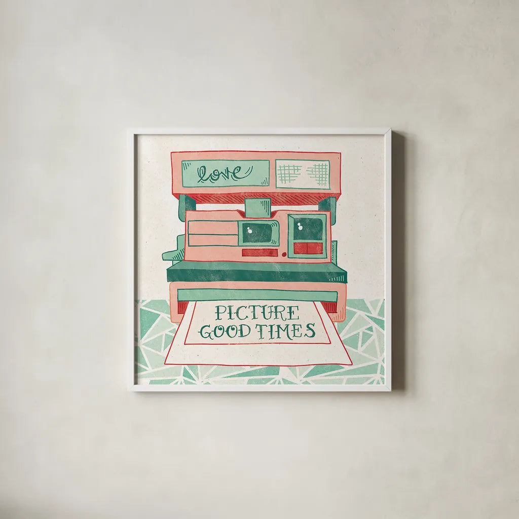 Retro Polaroid by Mary Urban. Shown in a crisp white glass frame for a clean and minimalist style. Available as an archival giclee rolled canvas, fine art paper, or poster print. SKU 20908a.