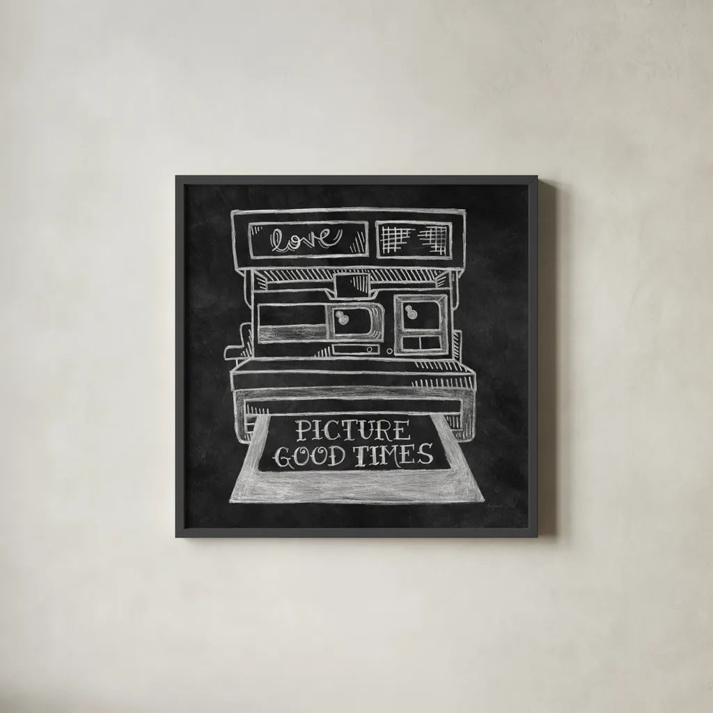 Retro Polaroid Chalk by Mary Urban. Shown in a sleek black glass frame for a contemporary gallery look. Available as an archival giclee rolled canvas, fine art paper, or poster print. SKU 30508a.