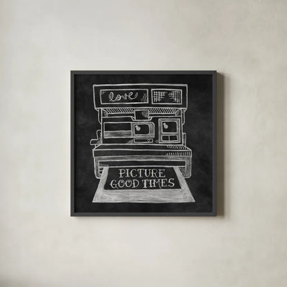 Retro Polaroid Chalk by Mary Urban. Shown in a sleek black glass frame for a contemporary gallery look. Available as an archival giclee rolled canvas, fine art paper, or poster print. SKU 30508a.