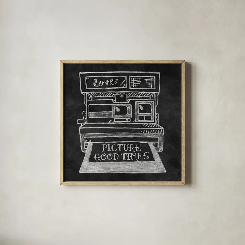 Retro Polaroid Chalk by Mary Urban. Shown in a natural wood glass frame for a timeless modern aesthetic. Available as an archival giclee rolled canvas, fine art paper, or poster print. SKU 30508a.