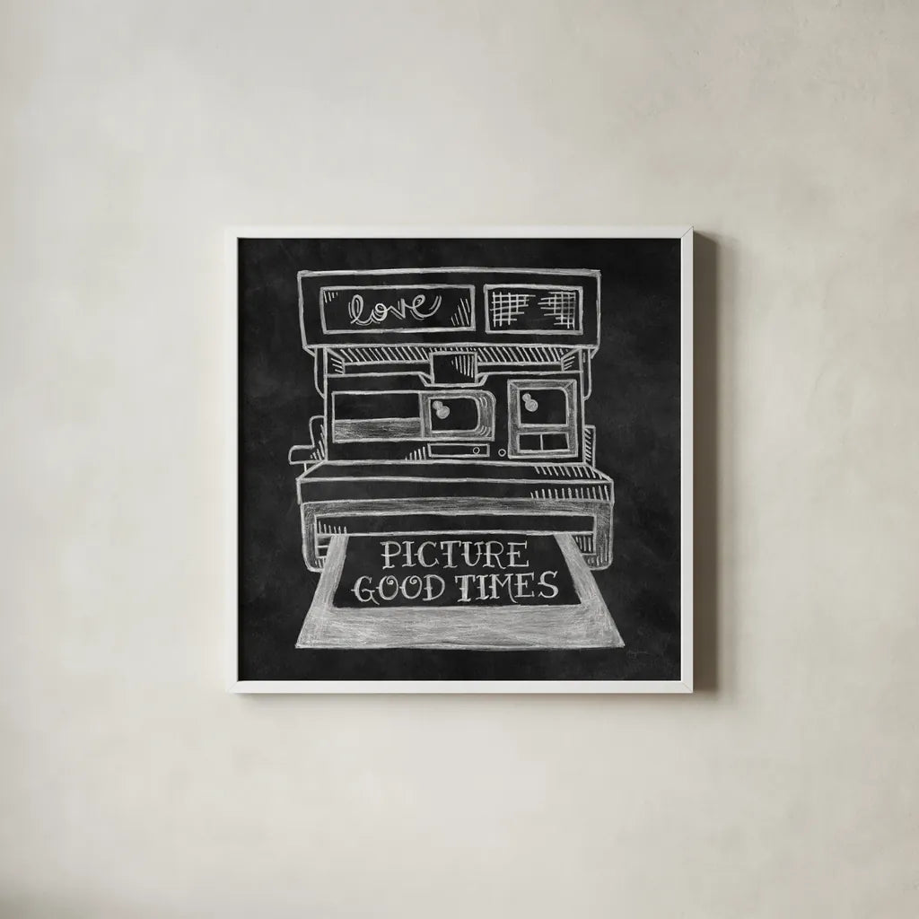 Retro Polaroid Chalk by Mary Urban. Shown in a crisp white glass frame for a clean and minimalist style. Available as an archival giclee rolled canvas, fine art paper, or poster print. SKU 30508a.