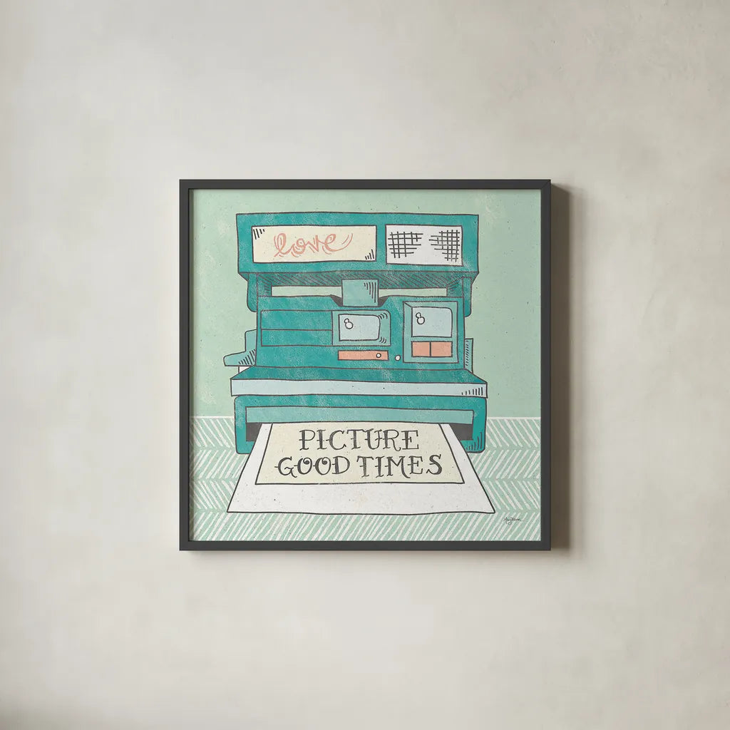 Retro Polaroid Gray by Mary Urban. Shown in a sleek black glass frame for a contemporary gallery look. Available as an archival giclee rolled canvas, fine art paper, or poster print. SKU 20850a.