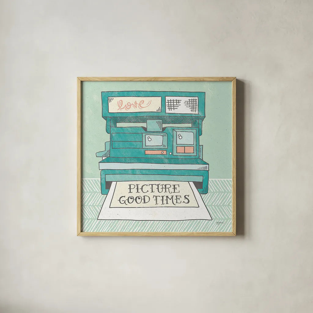 Retro Polaroid Gray by Mary Urban. Shown in a natural wood glass frame for a timeless modern aesthetic. Available as an archival giclee rolled canvas, fine art paper, or poster print. SKU 20850a.