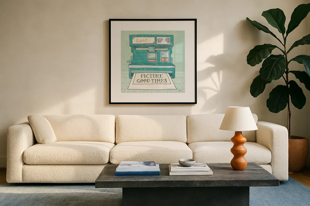 Retro Polaroid Gray by Mary Urban. Displayed in a glass frame with matte in a clean modern living room. Available as an archival giclee rolled canvas, fine art paper, or poster print. SKU 20850a.