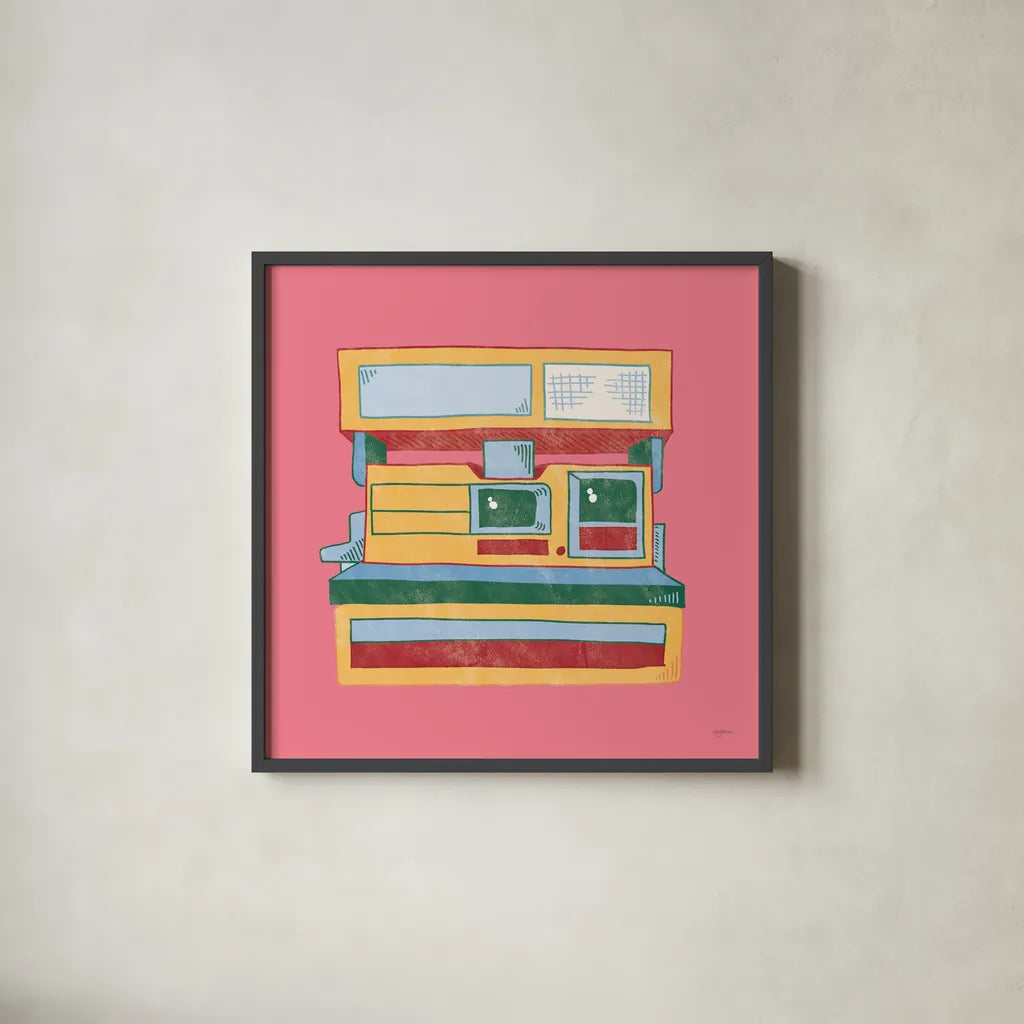 Retro Polaroid No Words Dark by Mary Urban. Shown in a sleek black glass frame for a contemporary gallery look. Available as an archival giclee rolled canvas, fine art paper, or poster print. SKU 60982a.