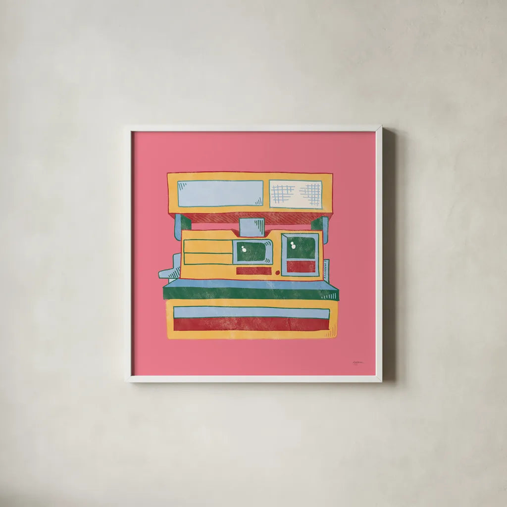 Retro Polaroid No Words Dark by Mary Urban. Shown in a crisp white glass frame for a clean and minimalist style. Available as an archival giclee rolled canvas, fine art paper, or poster print. SKU 60982a.