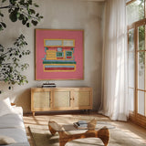 Retro Polaroid No Words Dark by Mary Urban. Shown in a natural wood frame in a cozy modern living room. Available as an archival giclee rolled canvas, fine art paper, or poster print. SKU 60982a.