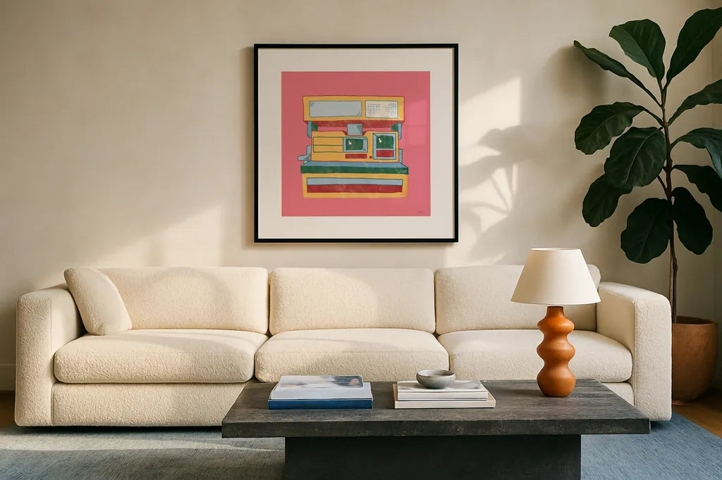 Retro Polaroid No Words Dark by Mary Urban. Displayed in a glass frame with matte in a clean modern living room. Available as an archival giclee rolled canvas, fine art paper, or poster print. SKU 60982a.