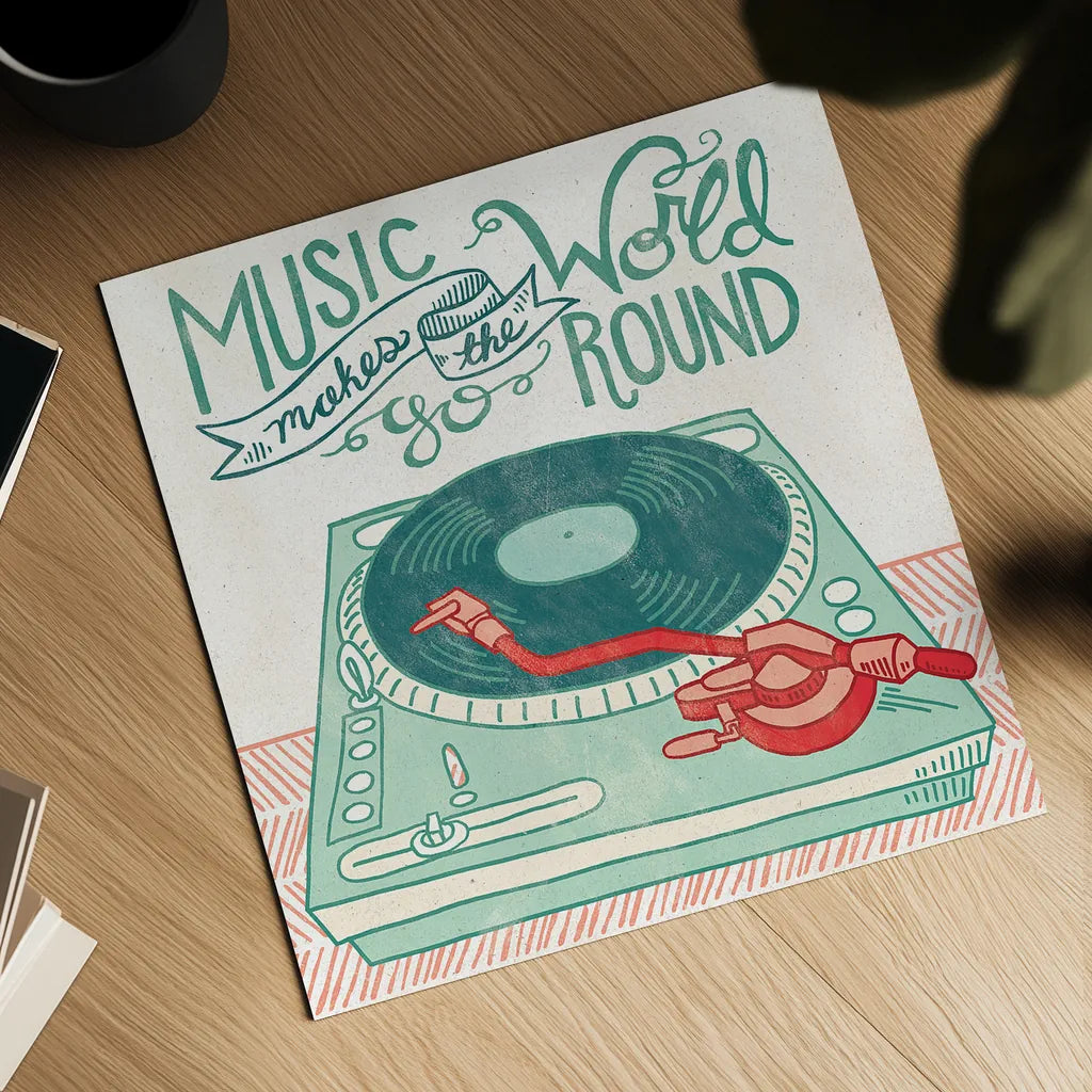 Retro Record Player by Mary Urban. Shown as a detailed flat fine art print, highlighting archival giclee quality. Available as an archival giclee rolled canvas, fine art paper, or poster print. SKU 20909a.