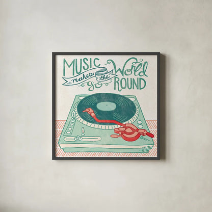 Retro Record Player by Mary Urban. Shown in a sleek black glass frame for a contemporary gallery look. Available as an archival giclee rolled canvas, fine art paper, or poster print. SKU 20909a.