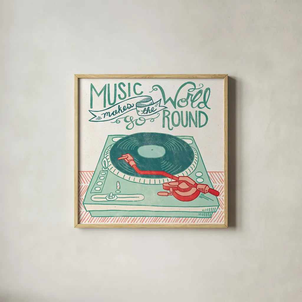 Retro Record Player by Mary Urban. Shown in a natural wood glass frame for a timeless modern aesthetic. Available as an archival giclee rolled canvas, fine art paper, or poster print. SKU 20909a.