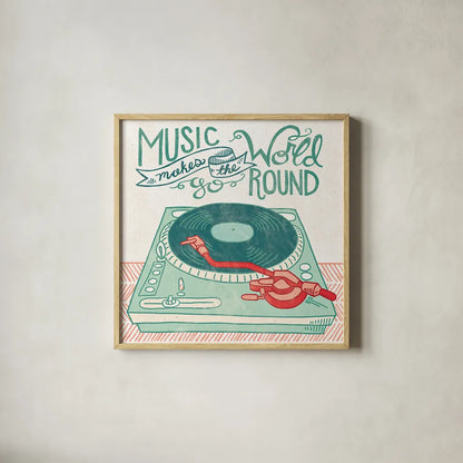 Retro Record Player by Mary Urban. Shown in a natural wood glass frame for a timeless modern aesthetic. Available as an archival giclee rolled canvas, fine art paper, or poster print. SKU 20909a.