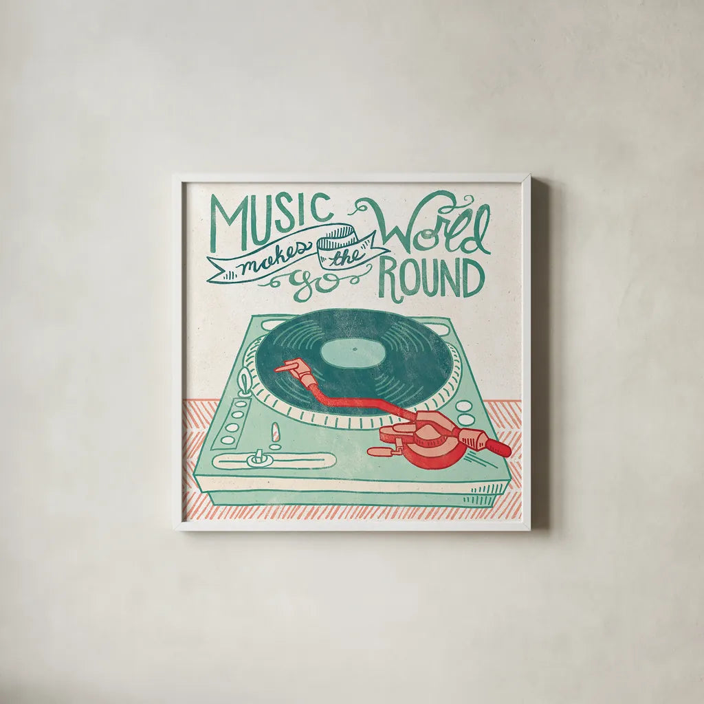 Retro Record Player by Mary Urban. Shown in a crisp white glass frame for a clean and minimalist style. Available as an archival giclee rolled canvas, fine art paper, or poster print. SKU 20909a.