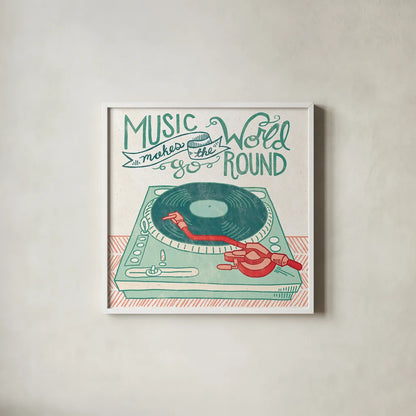 Retro Record Player by Mary Urban. Shown in a crisp white glass frame for a clean and minimalist style. Available as an archival giclee rolled canvas, fine art paper, or poster print. SKU 20909a.