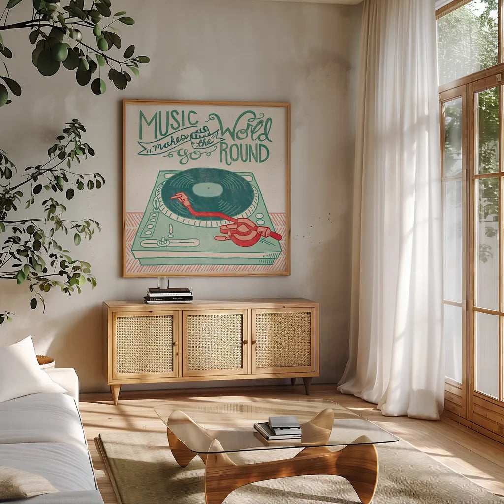 Retro Record Player by Mary Urban. Shown in a natural wood frame in a cozy modern living room. Available as an archival giclee rolled canvas, fine art paper, or poster print. SKU 20909a.