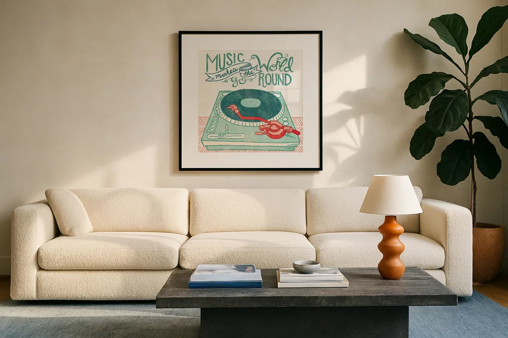 Retro Record Player by Mary Urban. Displayed in a glass frame with matte in a clean modern living room. Available as an archival giclee rolled canvas, fine art paper, or poster print. SKU 20909a.