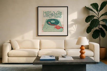 Retro Record Player by Mary Urban. Displayed in a glass frame with matte in a clean modern living room. Available as an archival giclee rolled canvas, fine art paper, or poster print. SKU 20909a.