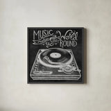 Retro Record Player Chalk by Mary Urban. Shown in a sleek black glass frame for a contemporary gallery look. Available as an archival giclee rolled canvas, fine art paper, or poster print. SKU 30506a.