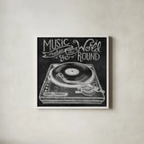 Retro Record Player Chalk by Mary Urban. Shown in a crisp white glass frame for a clean and minimalist style. Available as an archival giclee rolled canvas, fine art paper, or poster print. SKU 30506a.