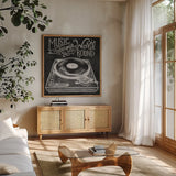 Retro Record Player Chalk by Mary Urban. Shown in a natural wood frame in a cozy modern living room. Available as an archival giclee rolled canvas, fine art paper, or poster print. SKU 30506a.