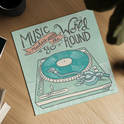 Retro Record Player Gray by Mary Urban. Shown as a detailed flat fine art print, highlighting archival giclee quality. Available as an archival giclee rolled canvas, fine art paper, or poster print. SKU 20851a.